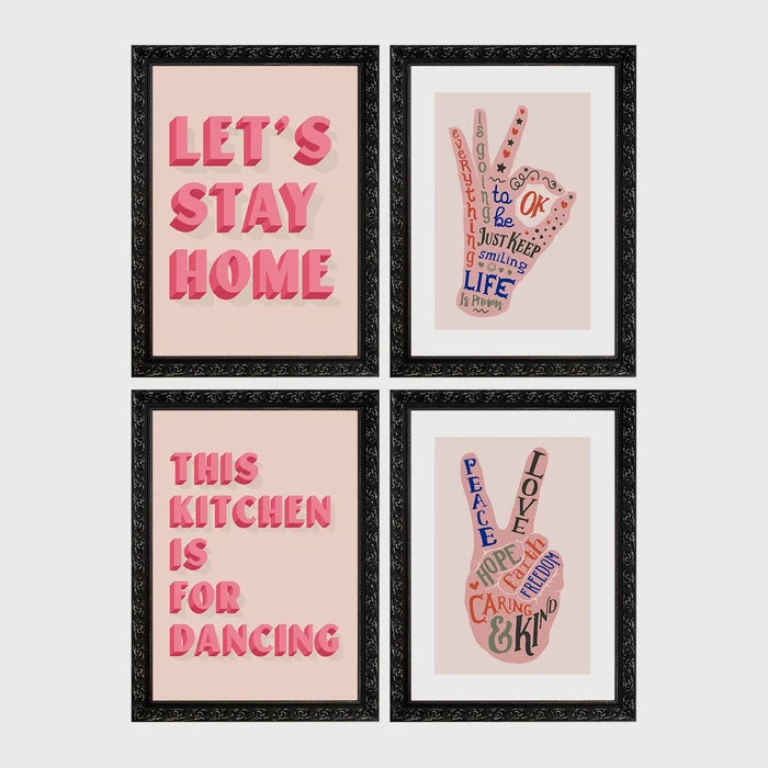 Set of 4 framed prints, famous artist exhibition posters: a William Morris floral pattern exhibition poster ("W. Morris"); a Warhol flower exhibition poster ("Warhol"); a Rousseau jungle painting exhibition poster ("Rousseau"); and a Picasso abstract exhibition poster ("Picasso") — unframed