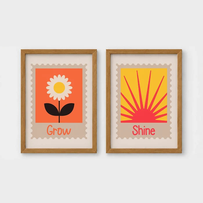 Set of 2 framed prints, stamp-style icon illustrations: a "Grow" stamp-style icon illustration of a flower; and a "Shine" stamp-style icon illustration of a sun — unframed