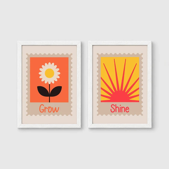 Set of 2 framed prints, stamp-style icon illustrations: a "Grow" stamp-style icon illustration of a flower; and a "Shine" stamp-style icon illustration of a sun — unframed