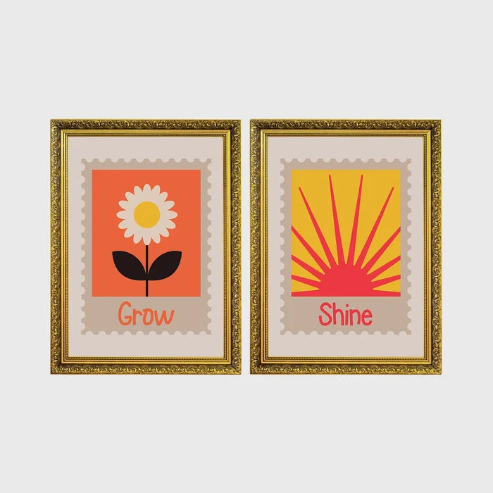 Set of 2 framed prints, stamp-style icon illustrations: a "Grow" stamp-style icon illustration of a flower; and a "Shine" stamp-style icon illustration of a sun — unframed