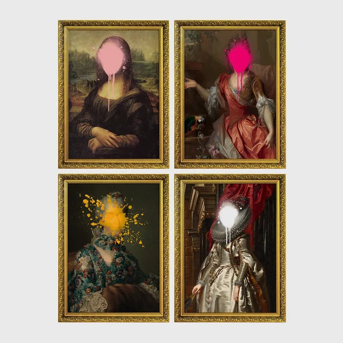 Set of 4 framed prints, classical portraits with graffiti-style overlays: a classical woman's portrait overlaid with colourful polka dots; a portrait of George Washington framed by colourful graffiti; a classical woman's portrait with a "Cute" graffiti bubble tag; and a classical child's portrait covered in graffiti stickers — unframed