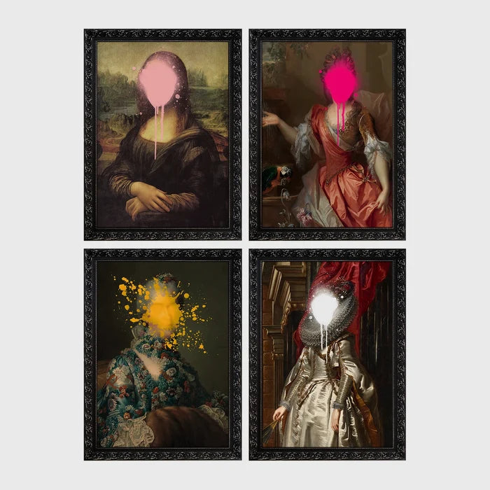 Set of 4 framed prints, classical portraits with graffiti-style overlays: a classical woman's portrait overlaid with colourful polka dots; a portrait of George Washington framed by colourful graffiti; a classical woman's portrait with a "Cute" graffiti bubble tag; and a classical child's portrait covered in graffiti stickers — unframed
