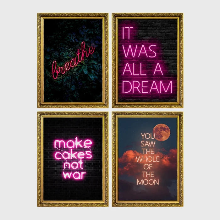 Set of 4 framed prints, pink typographic quote prints: "Let's Stay Home" bold retro typography; a peace-sign hand illustration filled with uplifting text; "This Kitchen Is For Dancing" bold retro typography; and a second peace-sign hand illustration filled with uplifting text — unframed