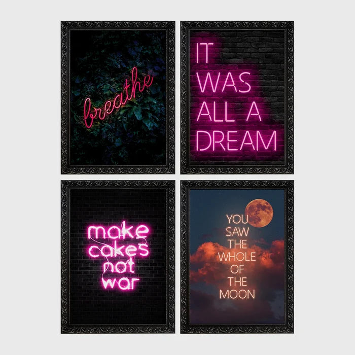 Set of 4 framed prints, pink typographic quote prints: "Let's Stay Home" bold retro typography; a peace-sign hand illustration filled with uplifting text; "This Kitchen Is For Dancing" bold retro typography; and a second peace-sign hand illustration filled with uplifting text — unframed