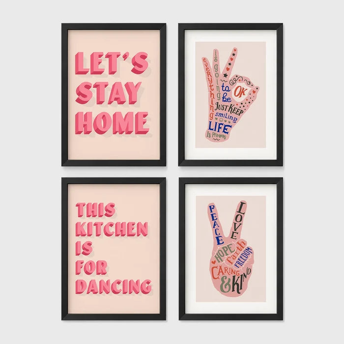Set of 4 framed prints, famous artist exhibition posters: a William Morris floral pattern exhibition poster ("W. Morris"); a Warhol flower exhibition poster ("Warhol"); a Rousseau jungle painting exhibition poster ("Rousseau"); and a Picasso abstract exhibition poster ("Picasso") — unframed