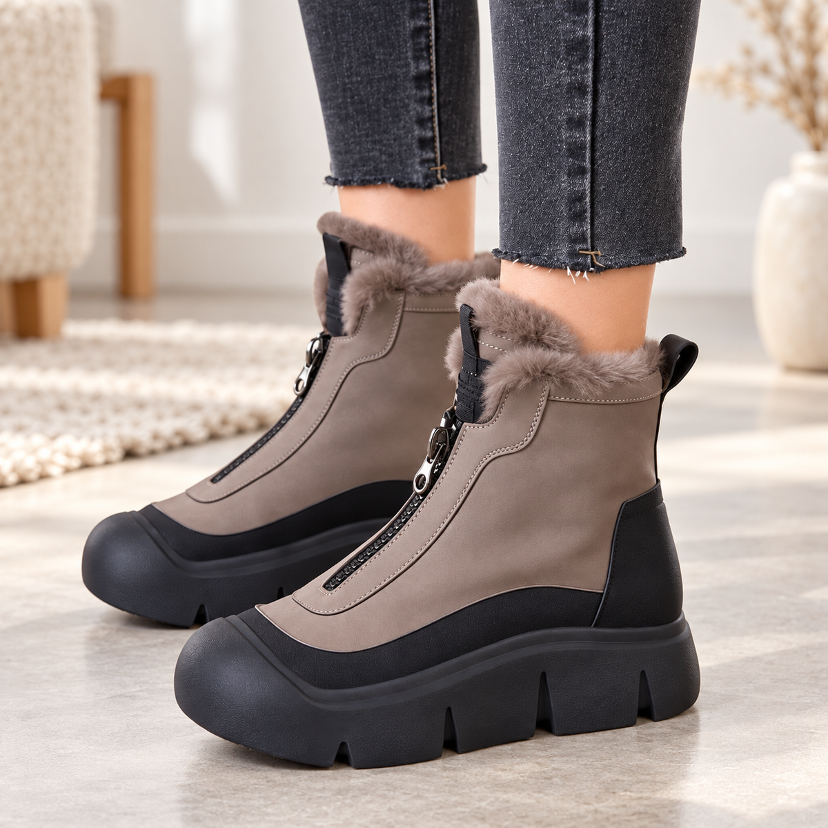 Women's Quilted Winter Boots with Plush Lining – Front-Zip Warm Ankle Boots