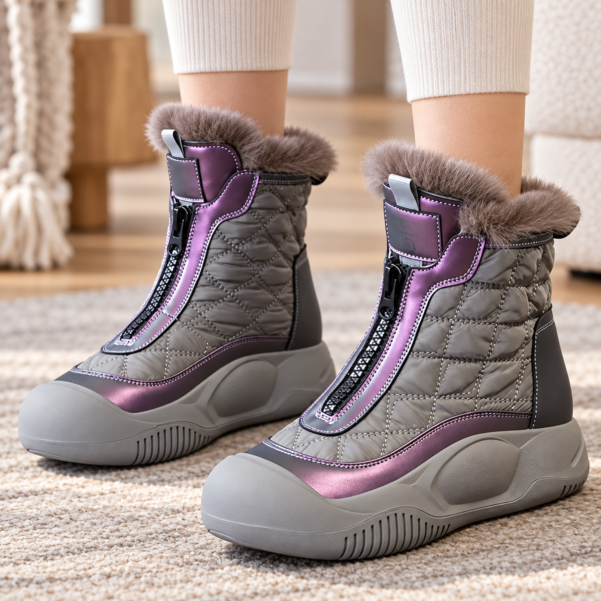 Women's Quilted Winter Boots with Plush Lining – Front-Zip Warm Ankle Boots