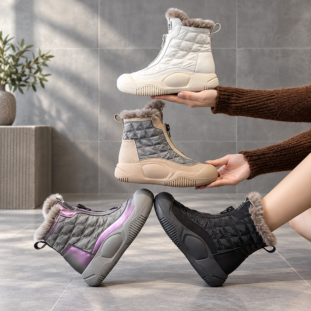 Women's Quilted Winter Boots with Plush Lining – Front-Zip Warm Ankle Boots