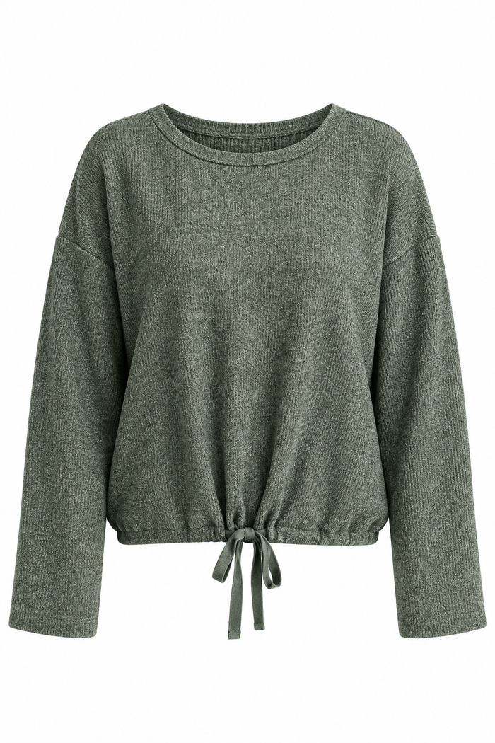 An olive green long-sleeve knit sweater with a crew neck and a drawstring tie at the hem, shown against a plain white background.