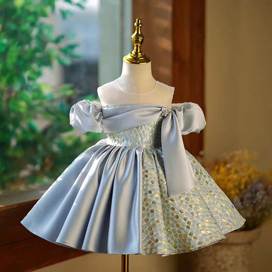 Blue Blocking Color Girl Dress for Princess Kids 1st Birthday Party J774