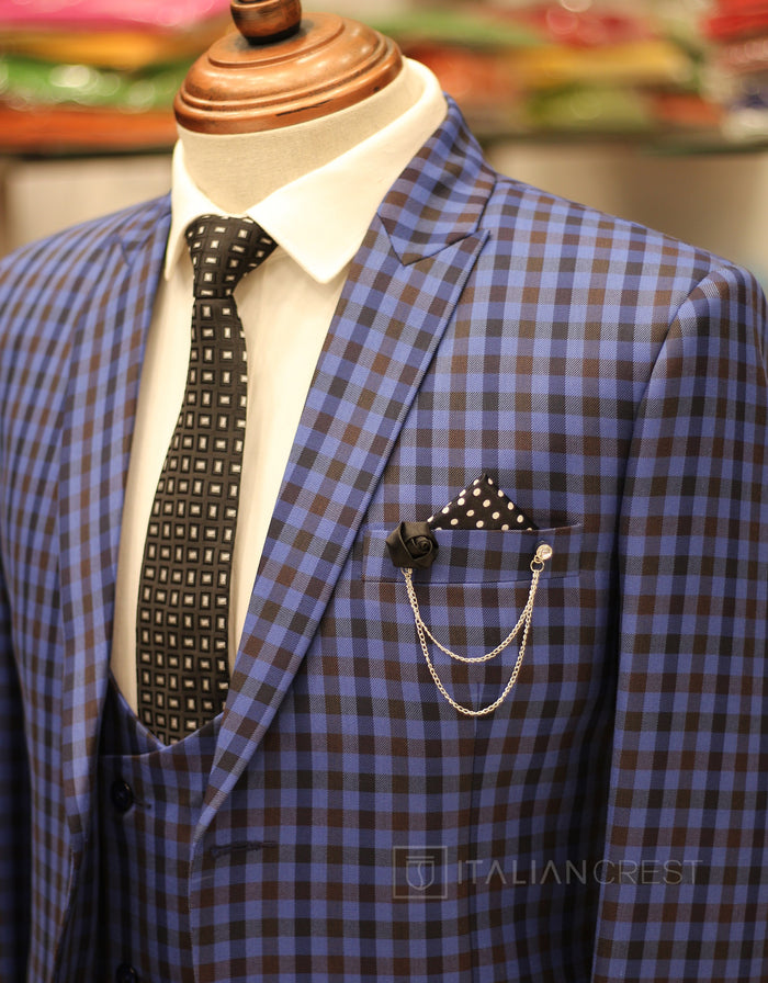 Blue Checks 3-Piece Peak Lapel Suit