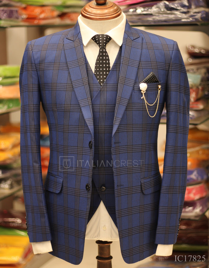 Blue Checks 3-Piece Peak Lapel Suit
