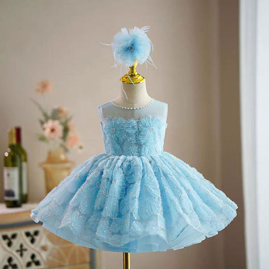 Blue Flower Girl Princess Dress for Kids Wedding Birthday Party J776