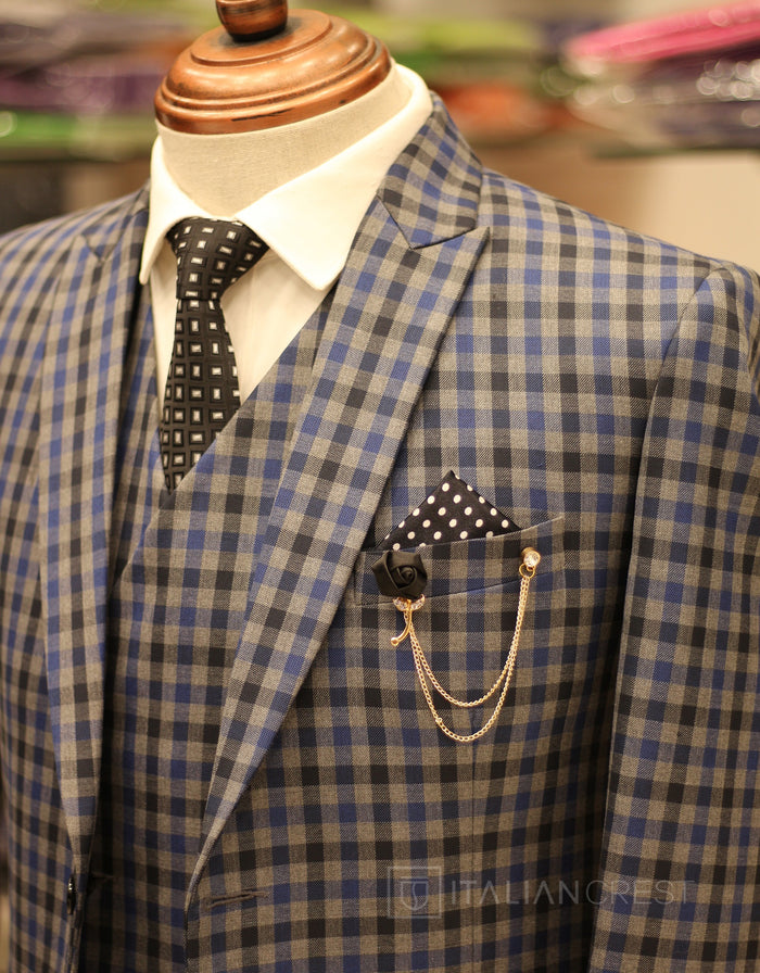 Blue Grey Checks 3-Piece Peak Lapel Suit