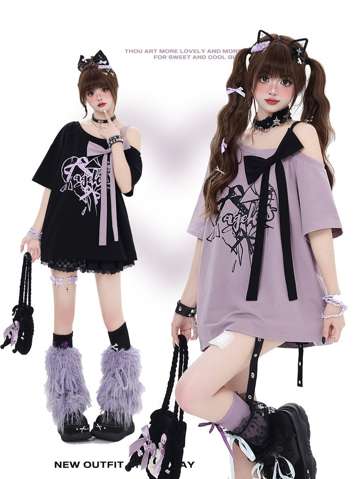 Bow Off-Shoulder Graphic T-Shirt