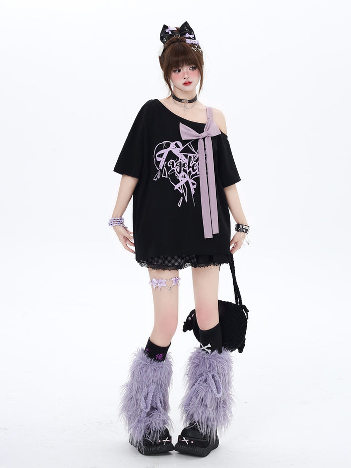 Bow Off-Shoulder Graphic T-Shirt
