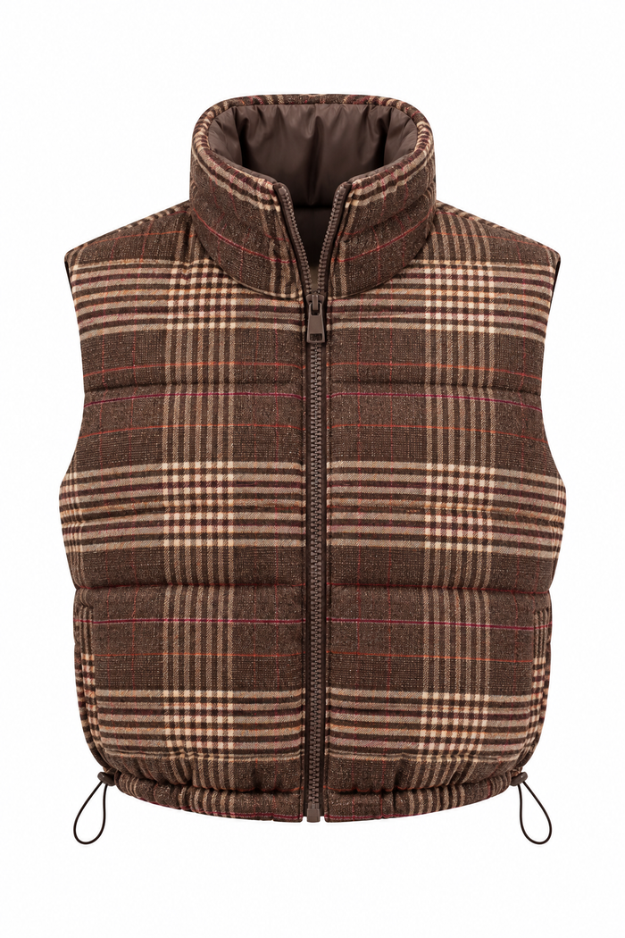 A brown quilted puffer vest with a classic beige and red windowpane plaid pattern, featuring a full-length front zipper and a high collar, shown against a plain white background.
