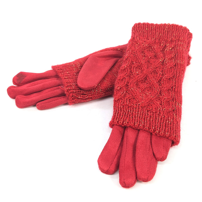Cable Knit Two in One Sparkle Gloves - Bright Red