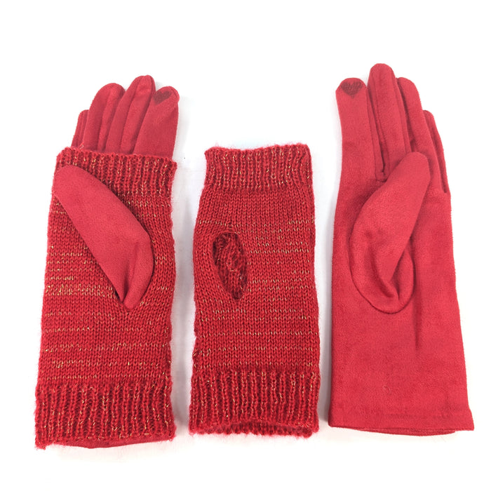 Cable Knit Two in One Sparkle Gloves - Bright Red
