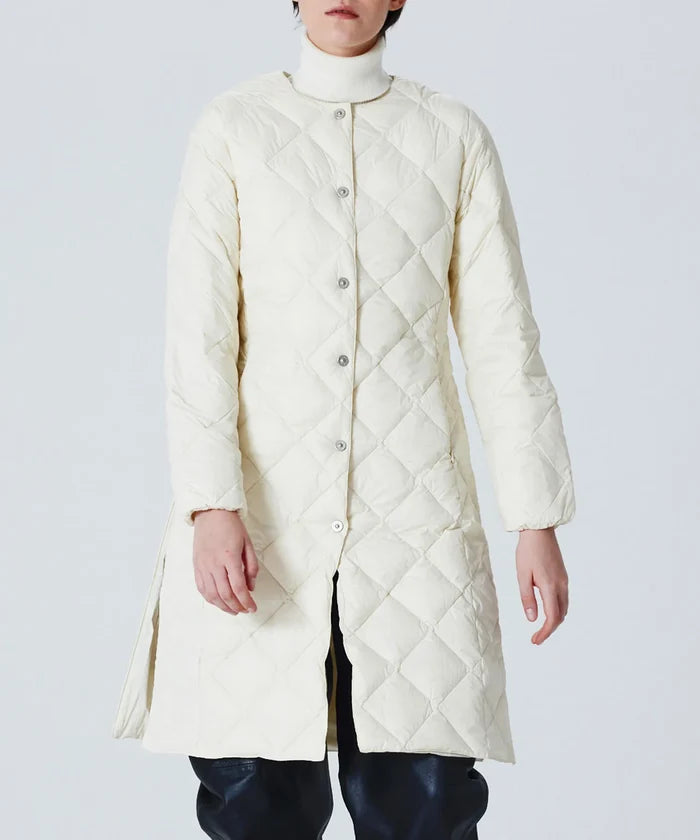 City Single Snap Button Crew Neck Long Down Coat