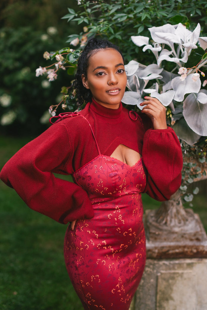 (Pre-Order) Cottage Bodycon Dress (Wine) - Mochipan