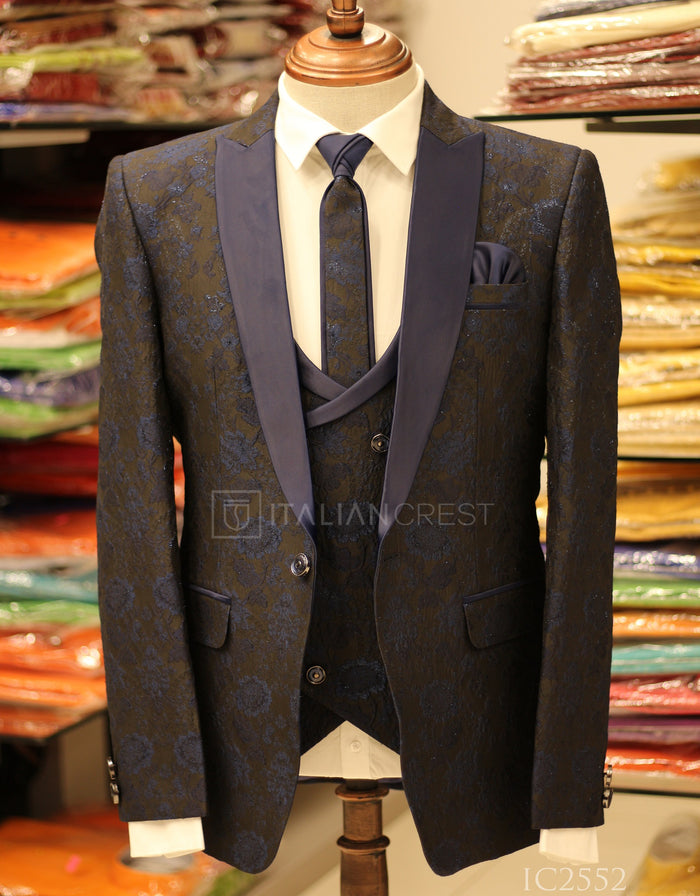 Dark Blue Jacquard 5pc Wedding Suit