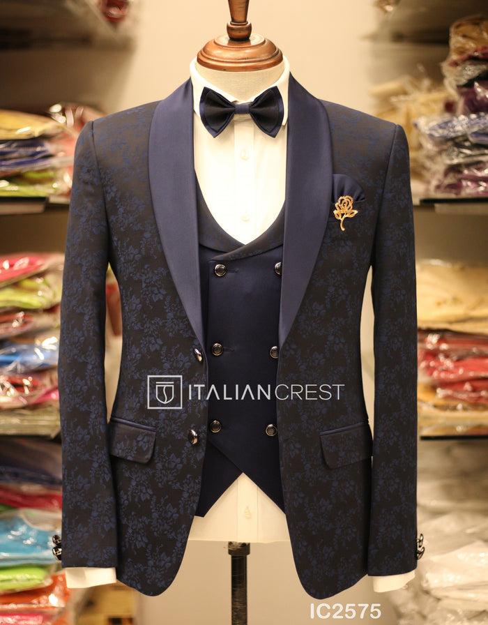 Dark Blue Jacquard 5pc Wedding Suit