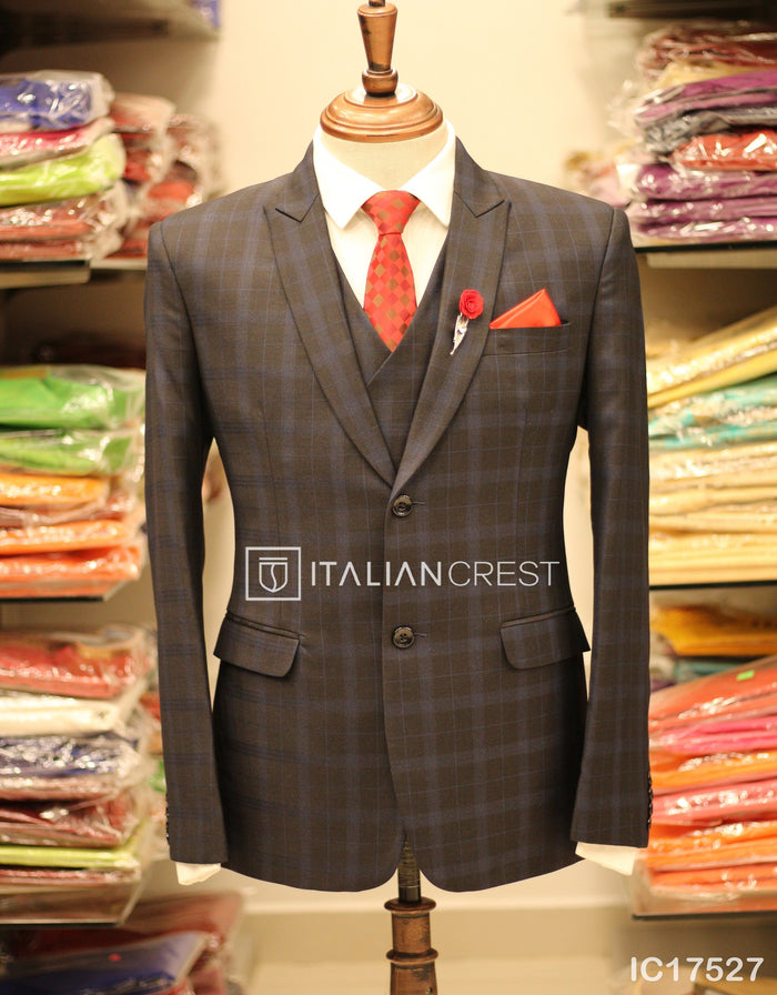 Dark Grey Checks 3-Piece Peak Lapel Suit