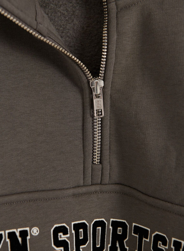 Lähikuva Dark Ivy -värisestä Varsity Sweat Half Zip -collegepuserosta, jossa näkyvät harjattu sisäpinta, hopeanvärinen puolivetoketju ja osittainen aim'n varsity -printti