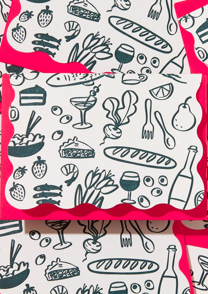 Pattern of food illustrations with a pink border on a white background