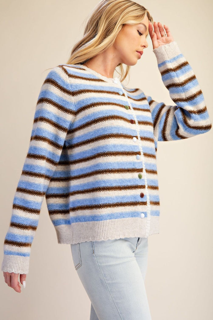 Easel Striped Fuzzy Knit Cardigan