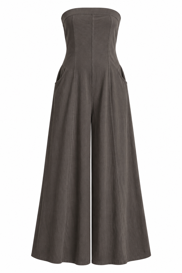 A dark gray strapless wide-leg jumpsuit with side pockets, shown against a plain white background.