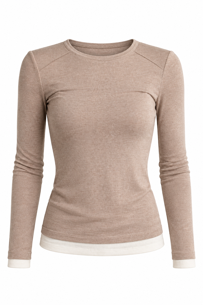 A women's long-sleeve crewneck top in a heathered taupe-beige color, featuring a contrasting white ribbed hem and cuffs, displayed on a ghost mannequin against a plain white background.