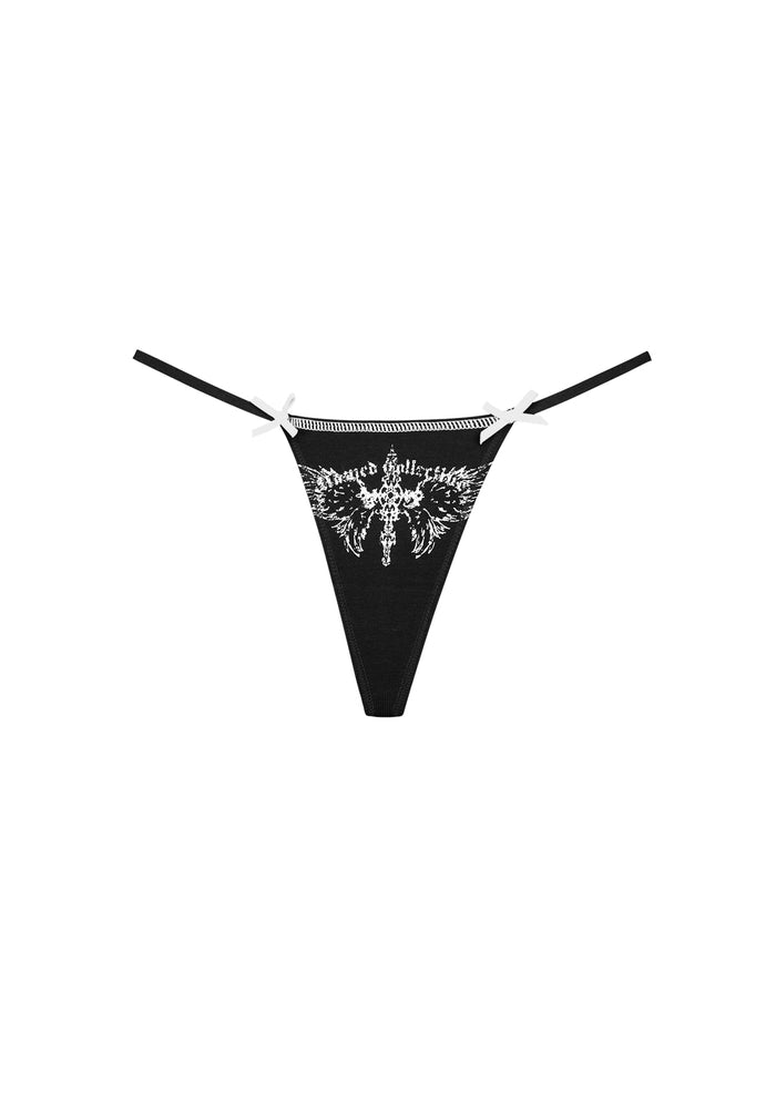 Black g-string featuring satin ribbon details and custom fallen logo design.