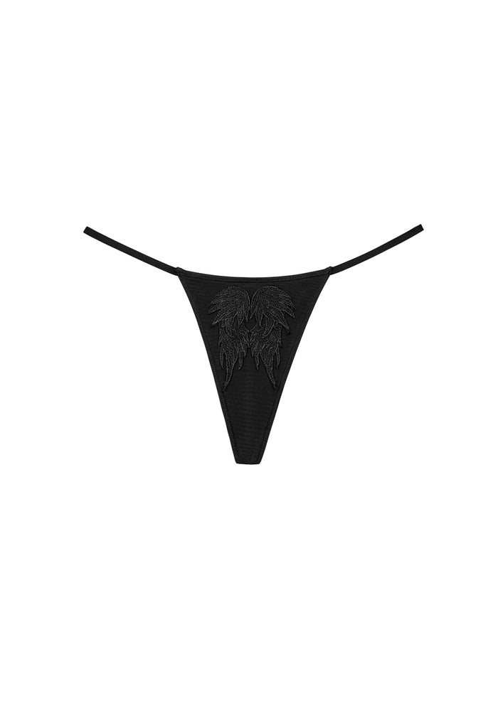 Front view of a black g-string featuring embroidered angel wing patches.