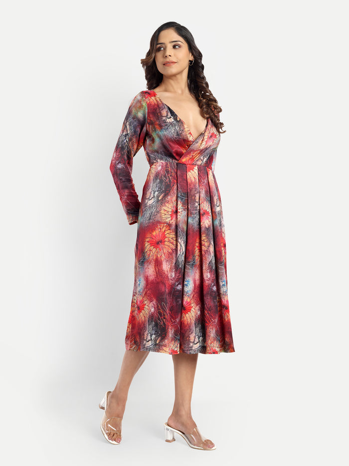 Women’s red floral Fortu dress with wrap style, flowy midi fit and elegant stylish design