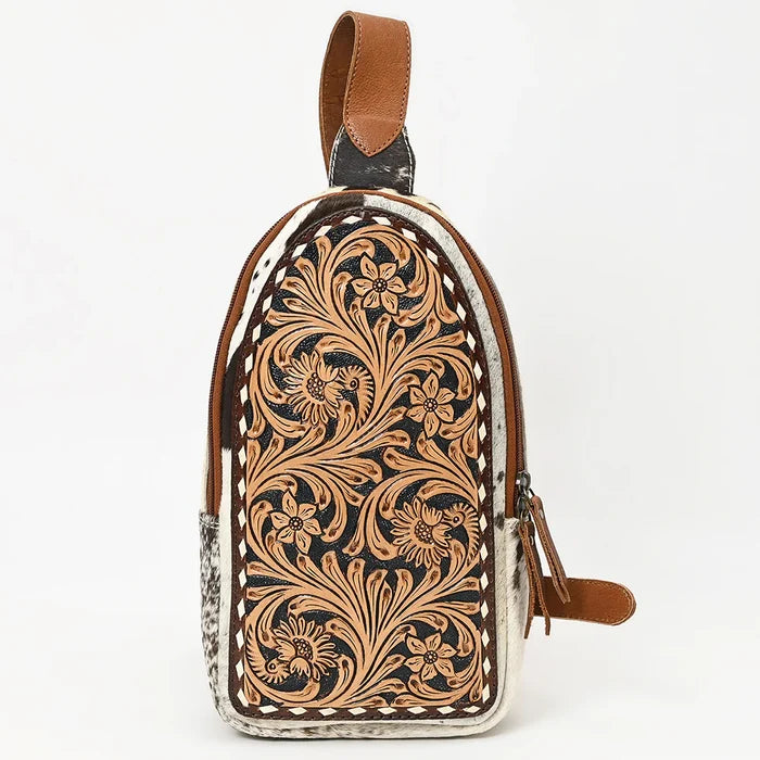 Genuine Leather Sling Tooled Cow Print Bag