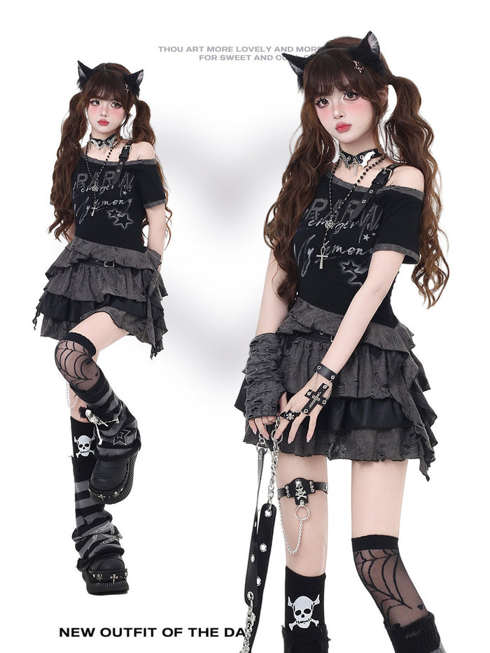 Gothic Off-Shoulder Graphic Baby Tee