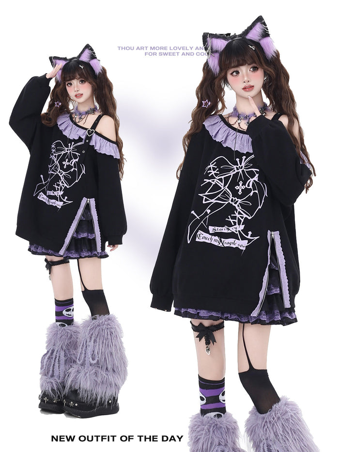 Gothic Off-Shoulder Graphic Sweatshirt