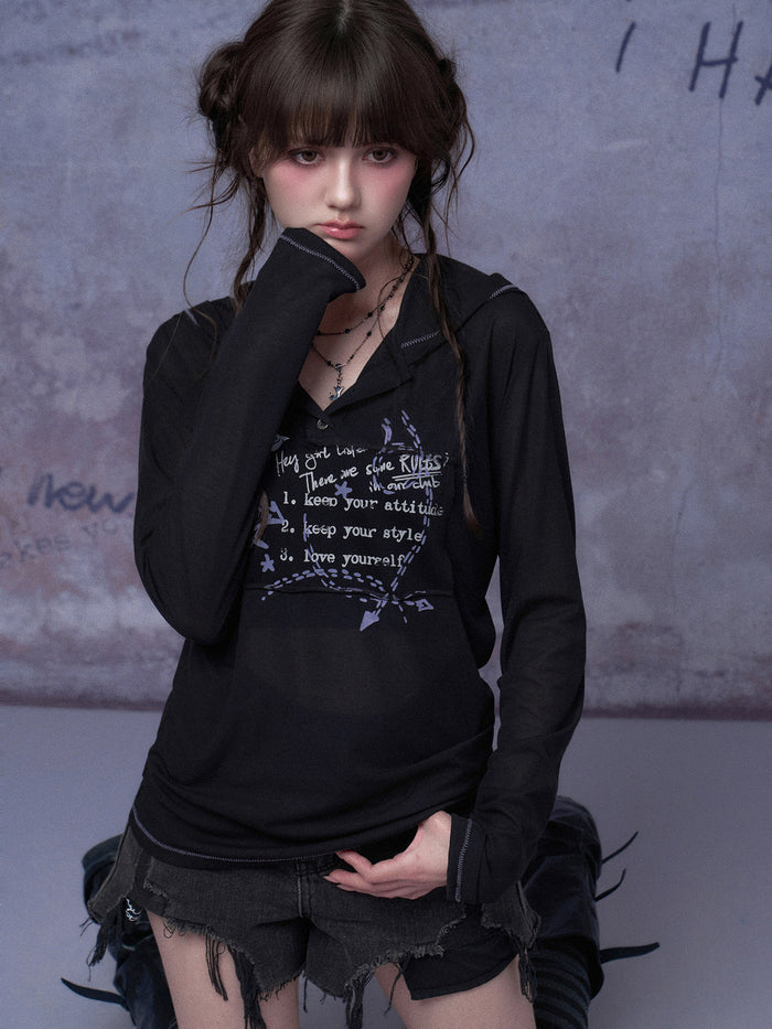 Grunge Graffiti Mesh Hooded Top
