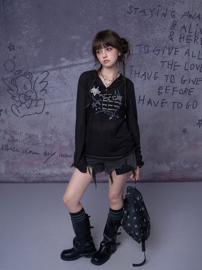 Grunge Graffiti Mesh Hooded Top