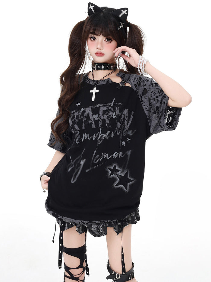 Grunge Star Lace-Sleeve T-Shirt