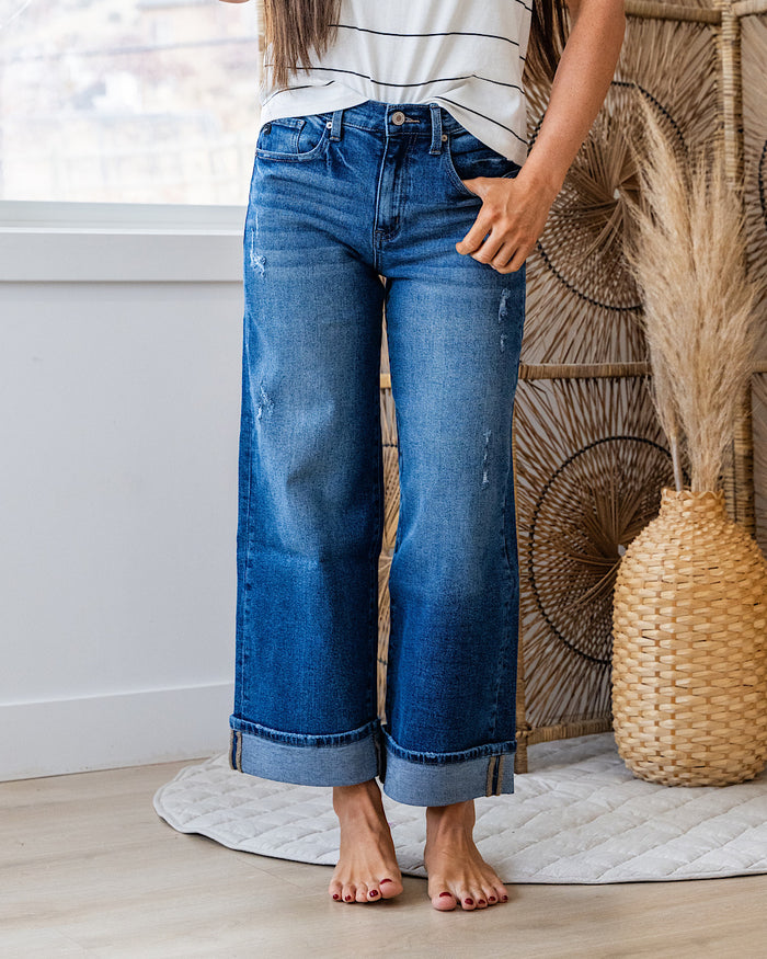 KanCan Jennifer Rolled Cuff Wide Leg Jeans - Dark Wash KanCan