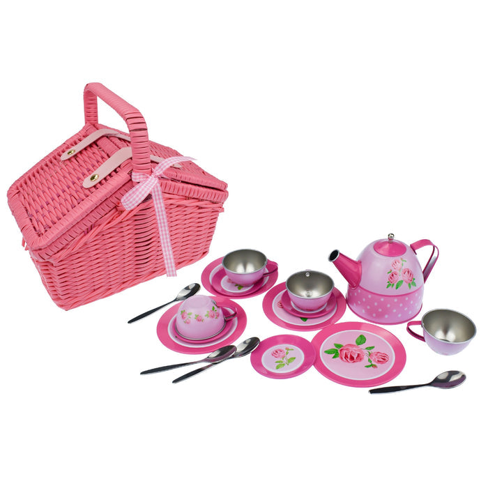Kaper Kidz Rose Tin Tea Set in Picnic Basket 18pcs