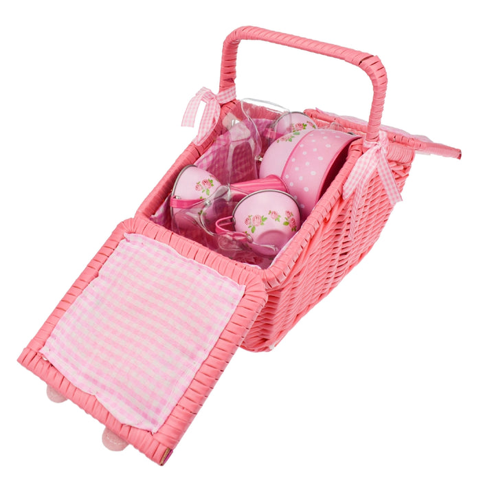 Kaper Kidz Rose Tin Tea Set in Picnic Basket 18pcs
