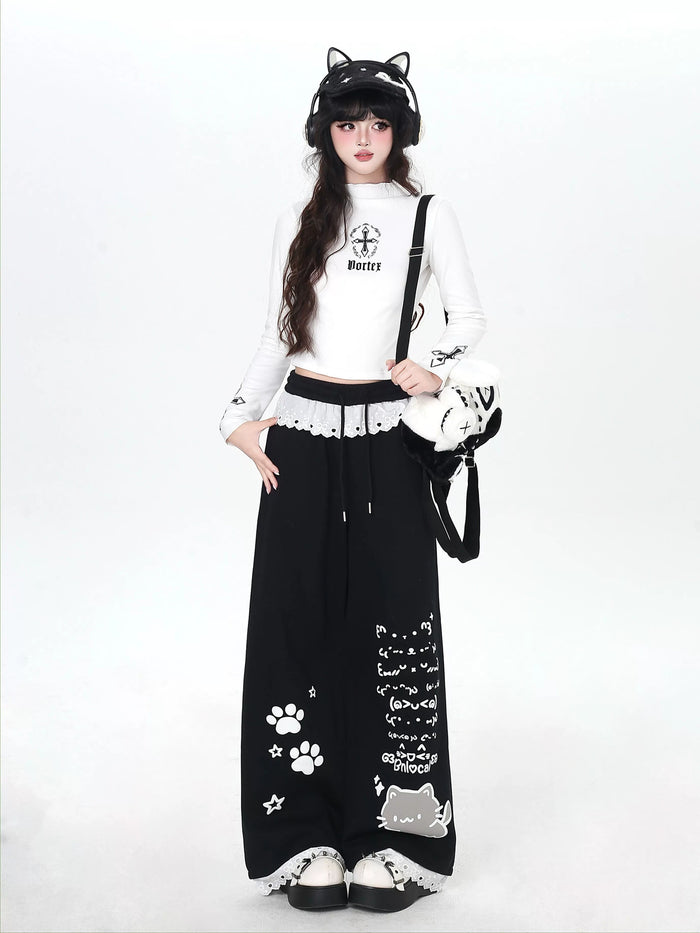 Kawaii Cat Graphic Wide Leg Pants