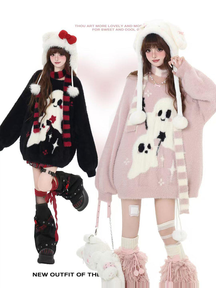 Kawaii Ghost Graphic Fuzzy Sweater