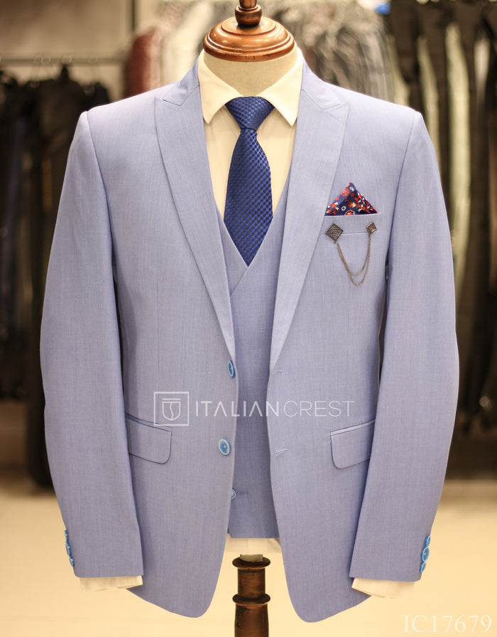 Light Blue 3-Piece Peak Lapel Suit