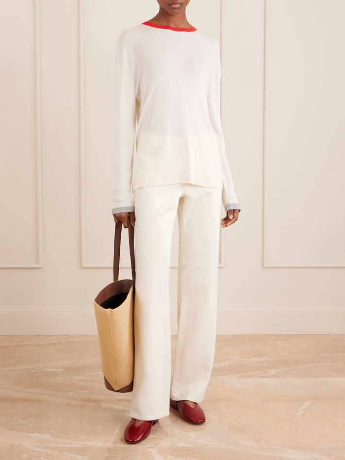 Long Sleeve Crew w/ Tipping - Ivory / Tomato