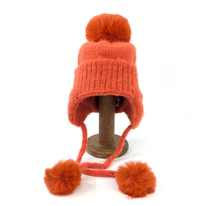 Long Tie PomPom Knitted Hat - Orange